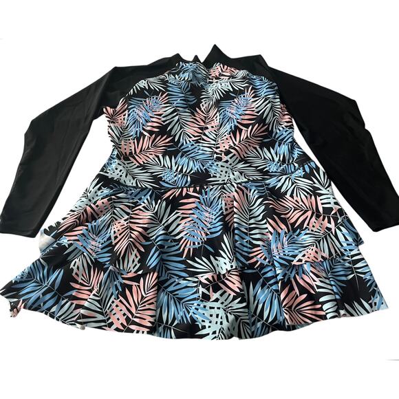 UNIQUEBELLA LONG SLV ZIP FRONT 1-PIECE SWIM DRESS, WOMENS, 3XL, BLUE PINK BLACK - Picture 7 of 11